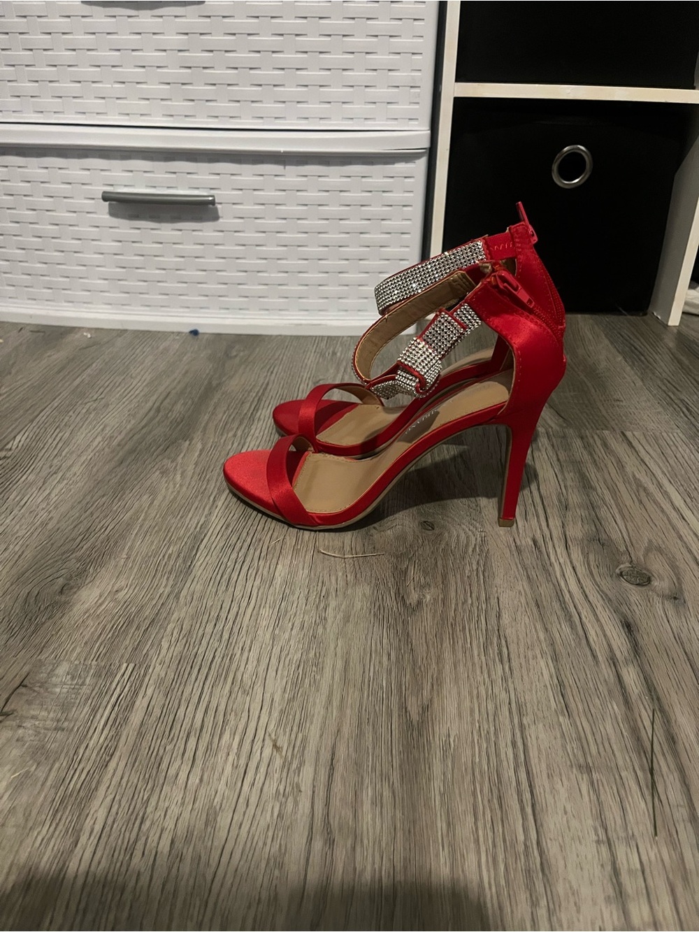 Christian Siriano Red Satin Rhinestone Ankle-Strap Stilettos size 7.5